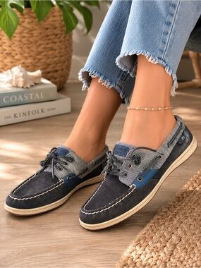 Sperry Leather Boat Shoes Women’s 11 Gray Navy Lace Up Casual